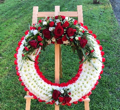 Red Rose Based Wreath on Stand