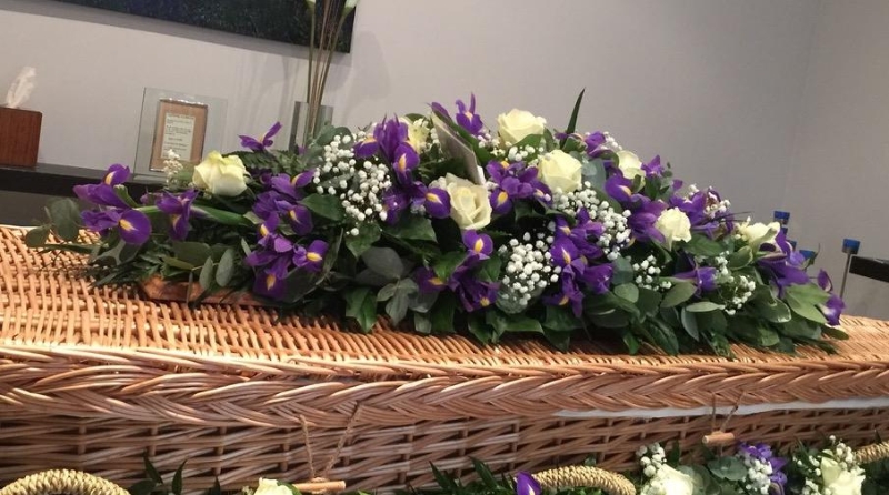 White Rose and Iris Coffin Spray – buy online or call 01206 843461