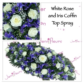 White rose and iris coffin top flowers